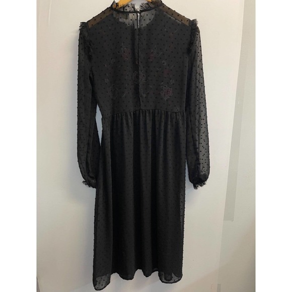 Braeve Women’s XS Embroidered Sheer Swiss dot Midi Dress Black Floral Ruffle - Picture 5 of 6
